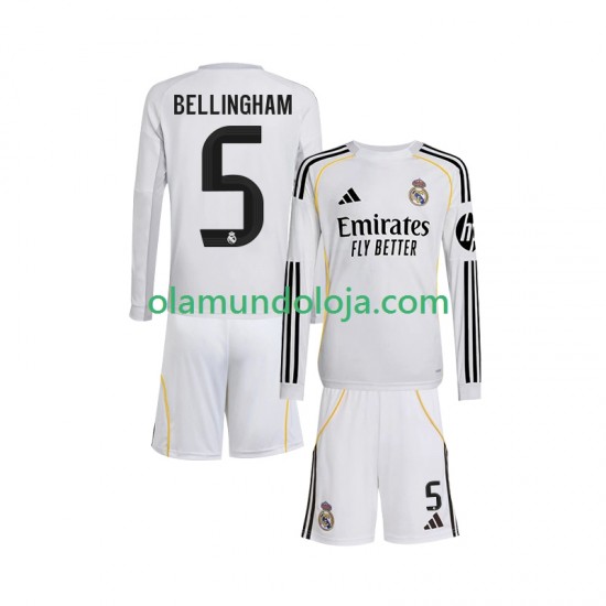 Camisola Real Madrid Jude Bellingham 5 Criança Equipamento Primeiro 2025-2026 Manga Comprida